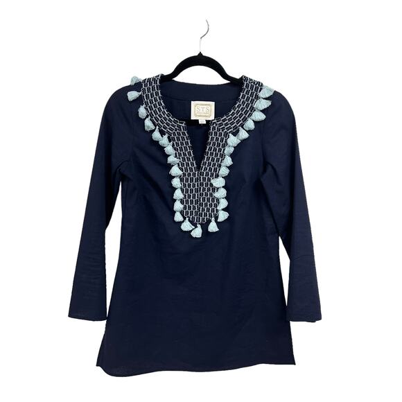 Sail to Sable Tassel Embroidered Navy Linen Blend Tunic Top Size Womens XS - Picture 1 of 5